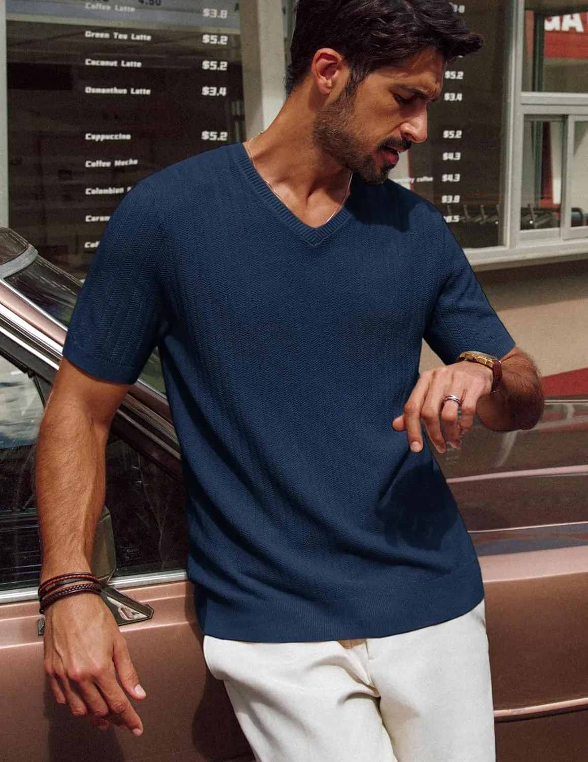 PJ PAUL JONES Men's T-Shirts Modern Fit V Neck Knit Shirts Textured Herringbone Knitwear