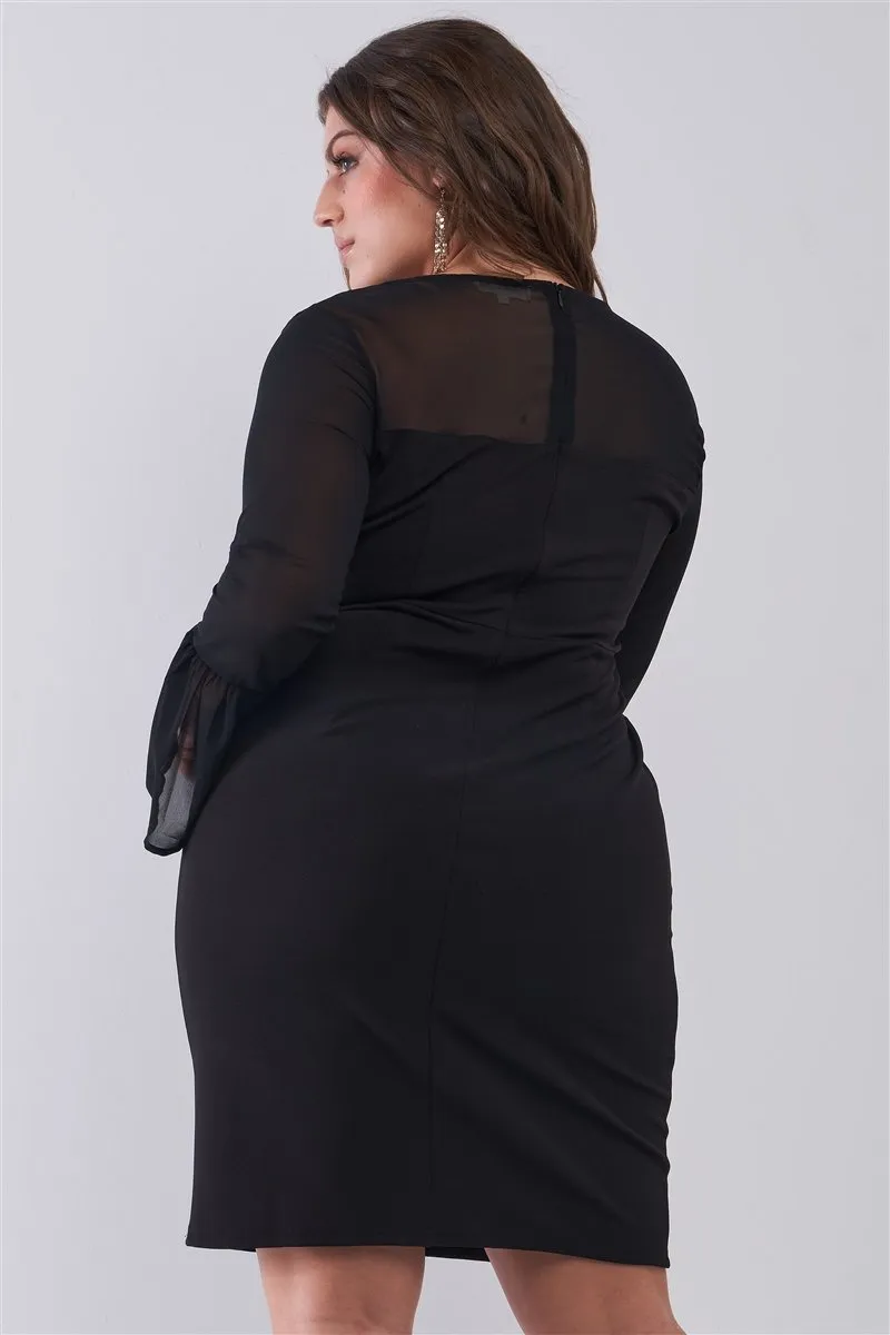 Plus Size Classy Black Round Neck Flared Sheer Mesh Sleeve Detail Structured Tight Mini Dress