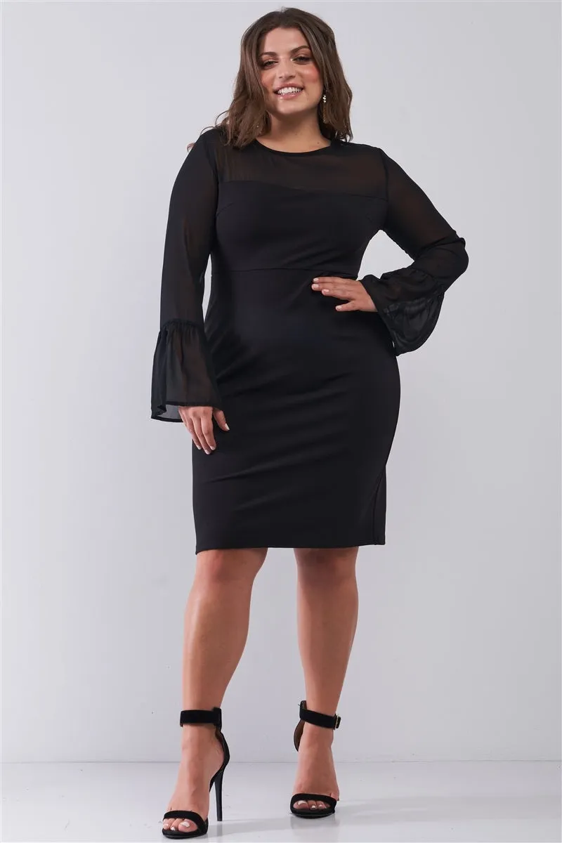 Plus Size Classy Black Round Neck Flared Sheer Mesh Sleeve Detail Structured Tight Mini Dress