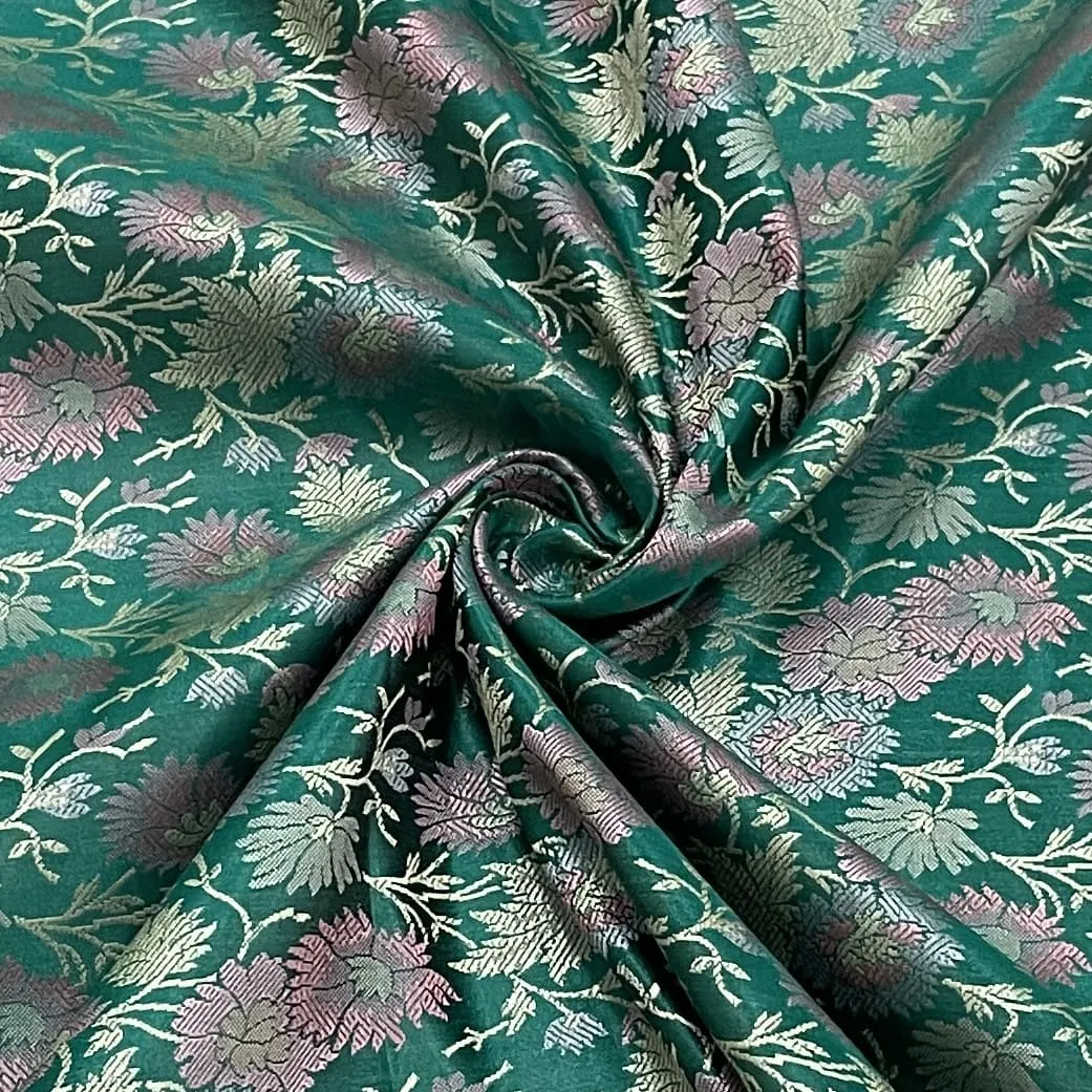 Premium Green Pink Traditional Floral Print Tanchui Jamewar Silk Fabric