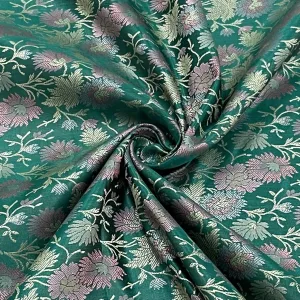 Premium Green Pink Traditional Floral Print Tanchui Jamewar Silk Fabric