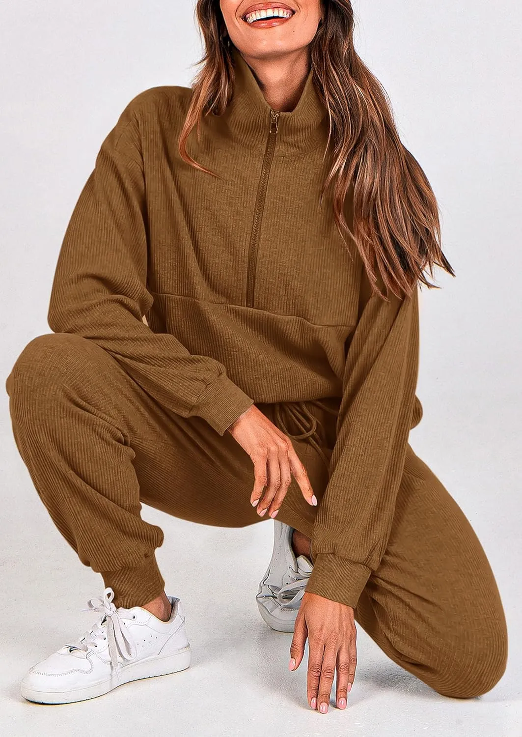 PRETTYGARDEN Womens 2 Piece Sweatsuits Set Long Sleeve Half Zip Pullover Sweatshirt Joggers Sweatpants Fall Outfits Tracksuit