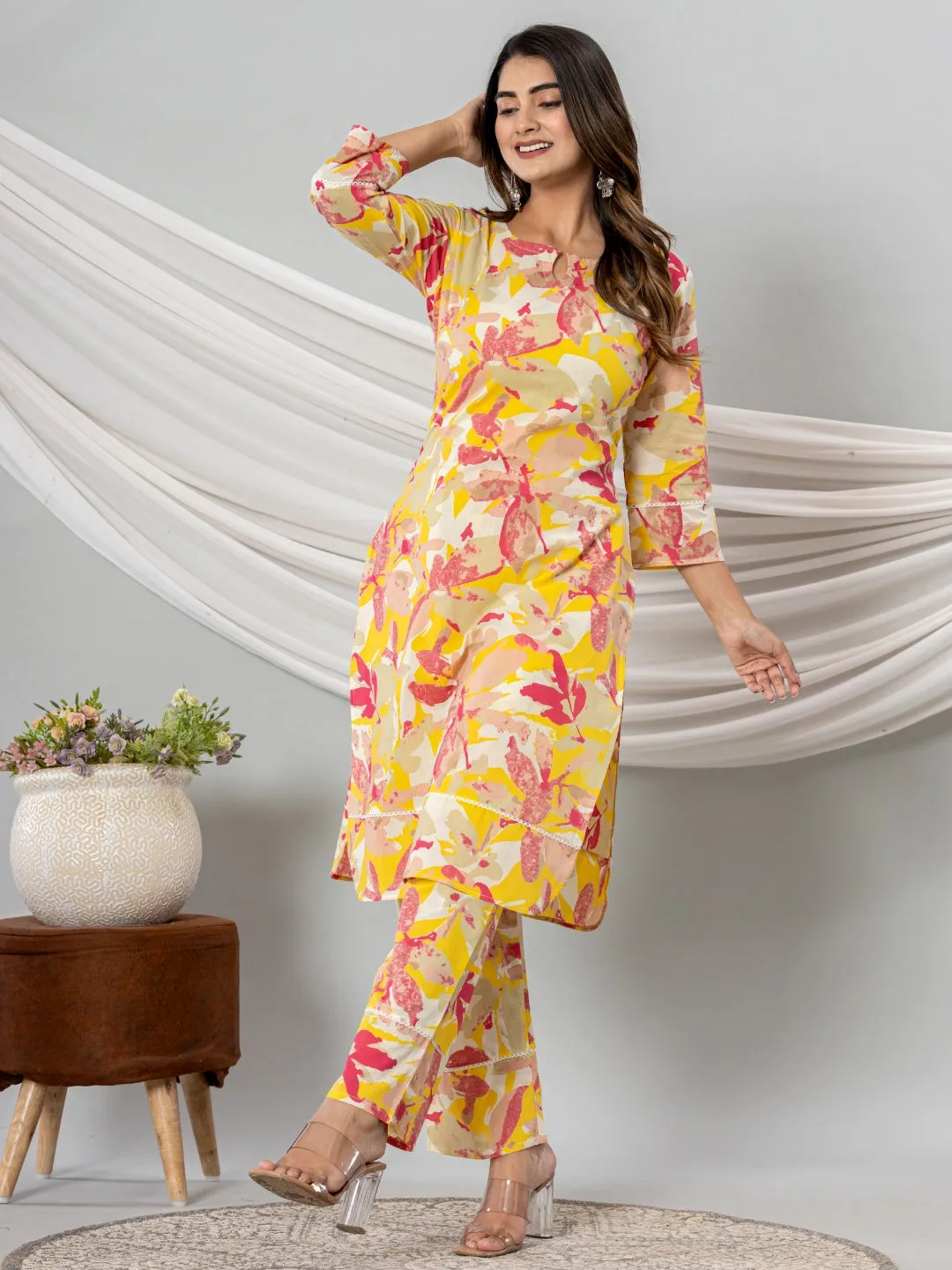 Pure Cotton Floral Printed Kurta Trouser Co-Ord Sets - Yellow