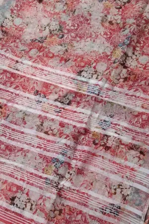 Red Linen Saree with Floral Print