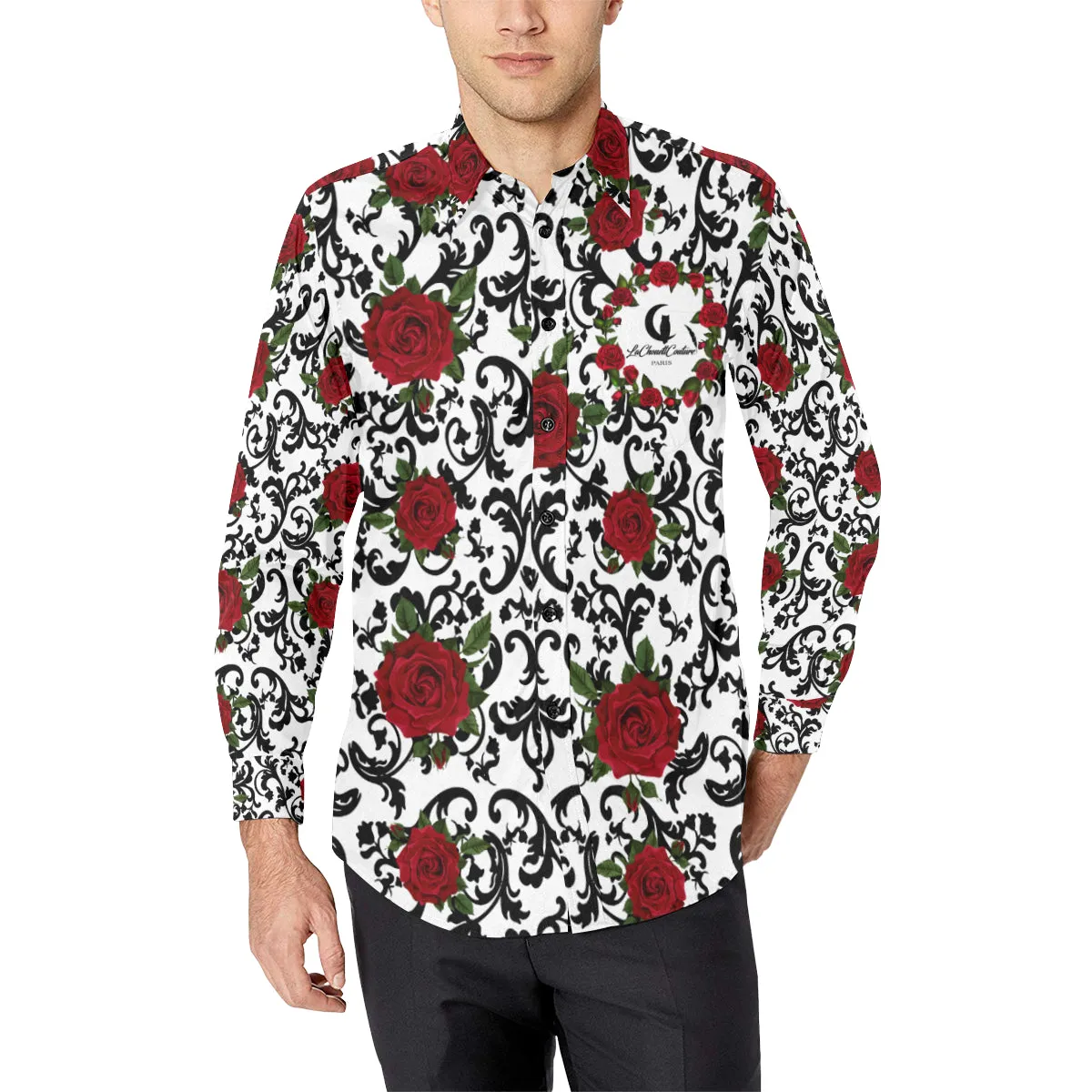 RED ROSES Men's All Over Print Casual Dress Shirt
