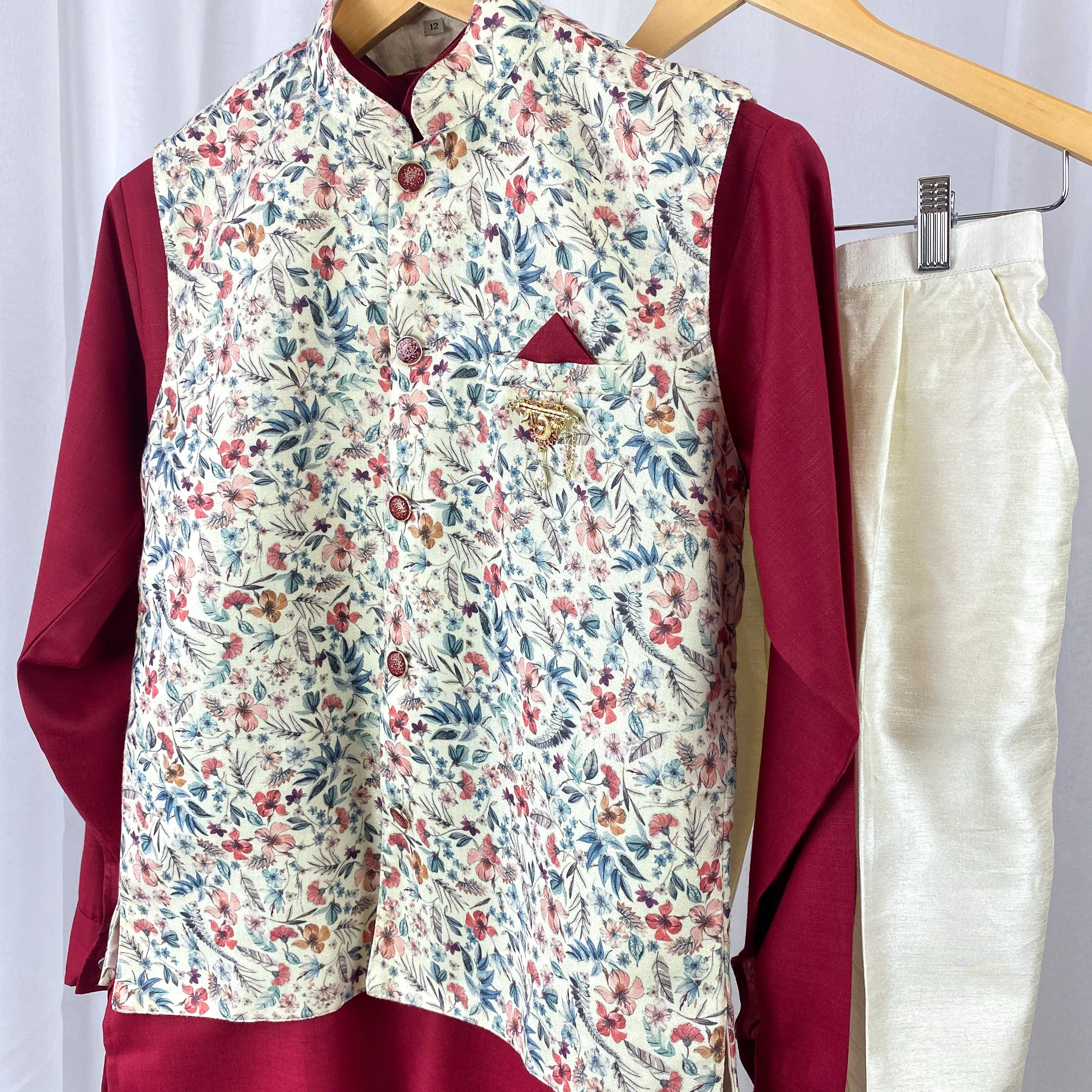 REYANSH - Maroon Cotton Kurta Pajama Set with Vest