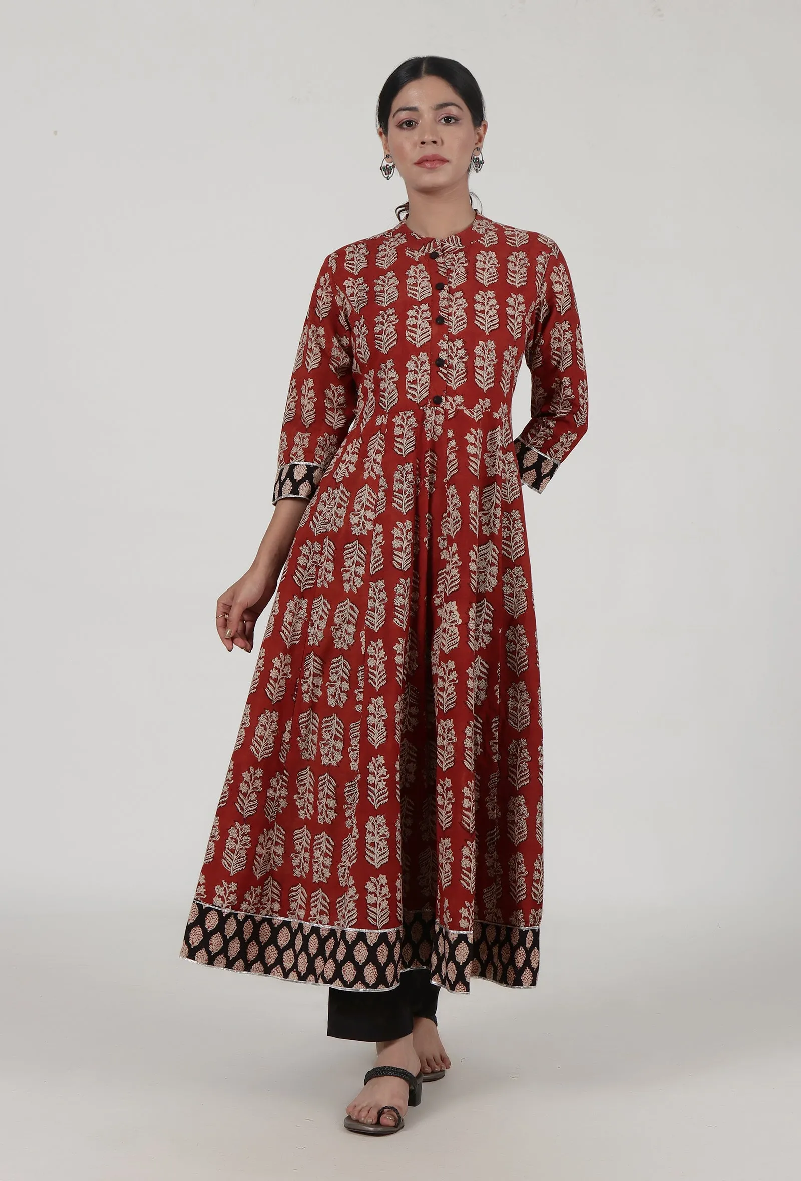 Set Of 2: Ajrakh Printed Red Cotton Anarkali & Black Pant Set