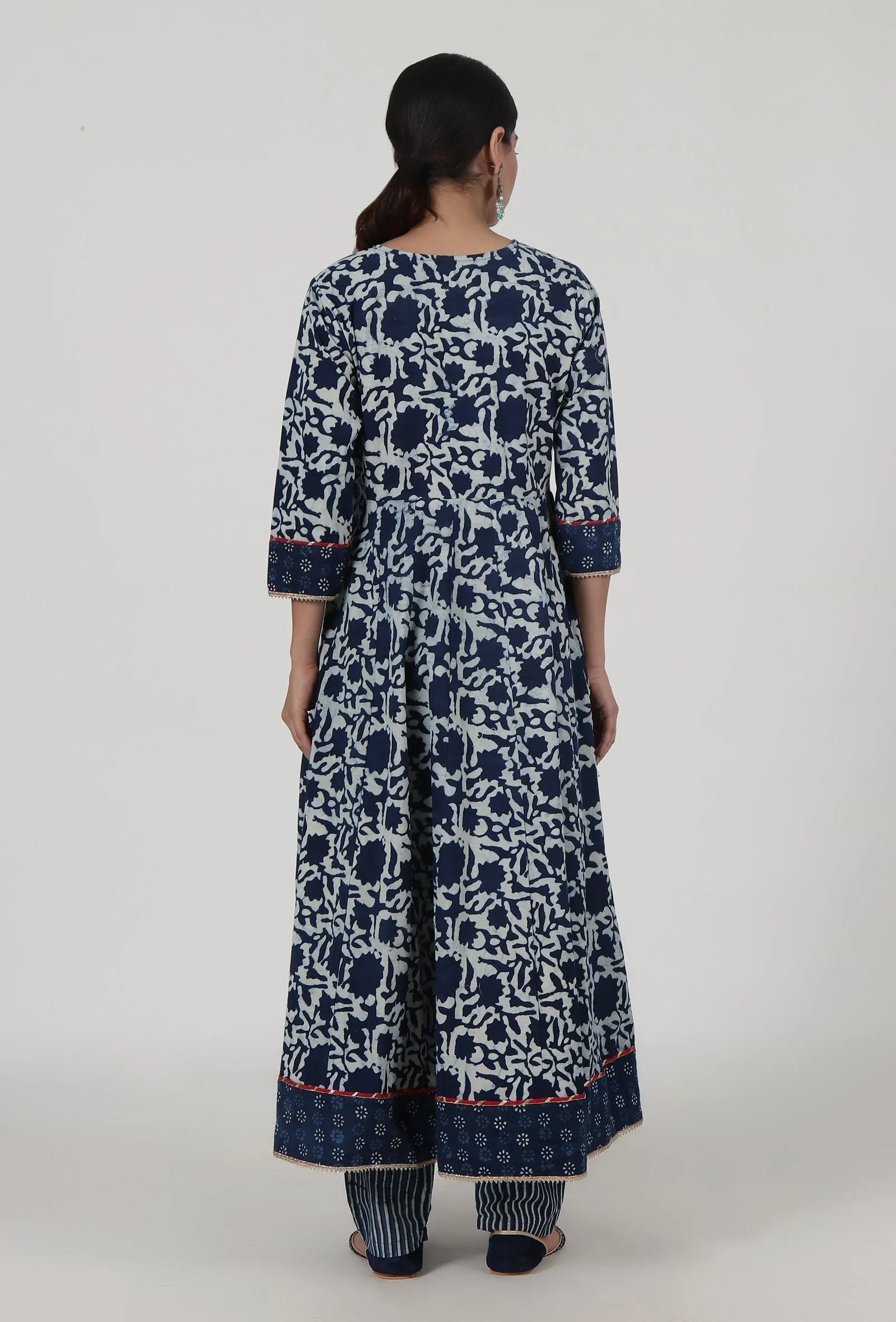 Set Of 2: Indigo Printed Blue Cotton Anarkali & Pant Set