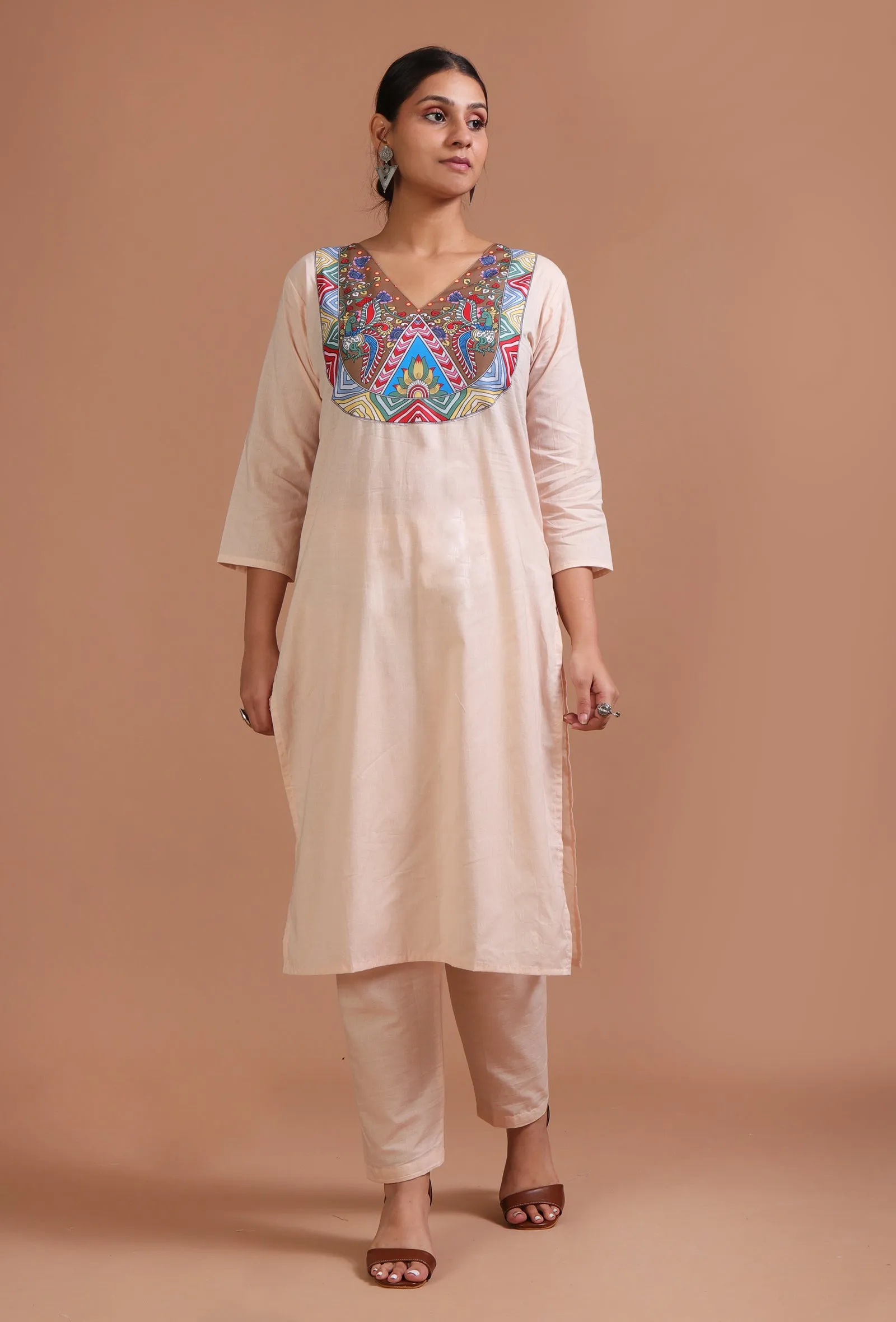 Set Of 3: Off White & Red Cotton Printed Kurta With Pant & Dupatta