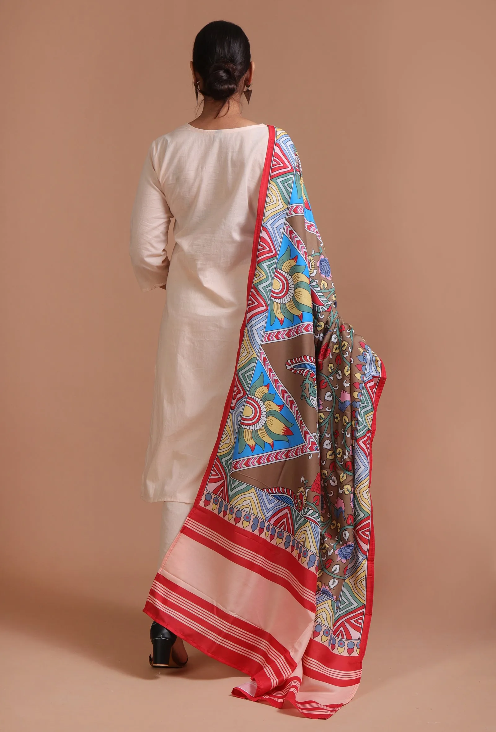 Set Of 3: Off White & Red Cotton Printed Kurta With Pant & Dupatta