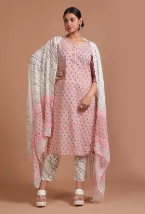Set Of 3: Pink & White Cotton Printed Kurta With Pant & Dupatta