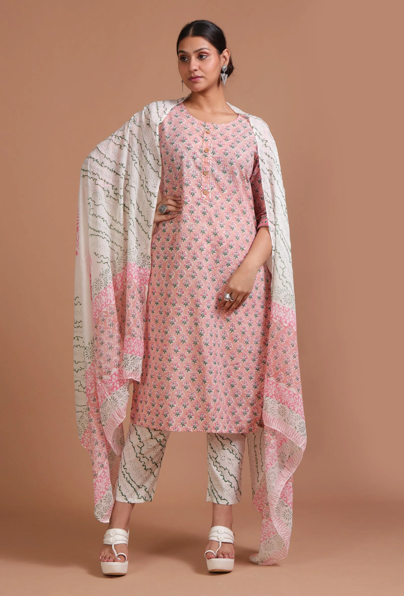 Set Of 3: Pink & White Cotton Printed Kurta With Pant & Dupatta