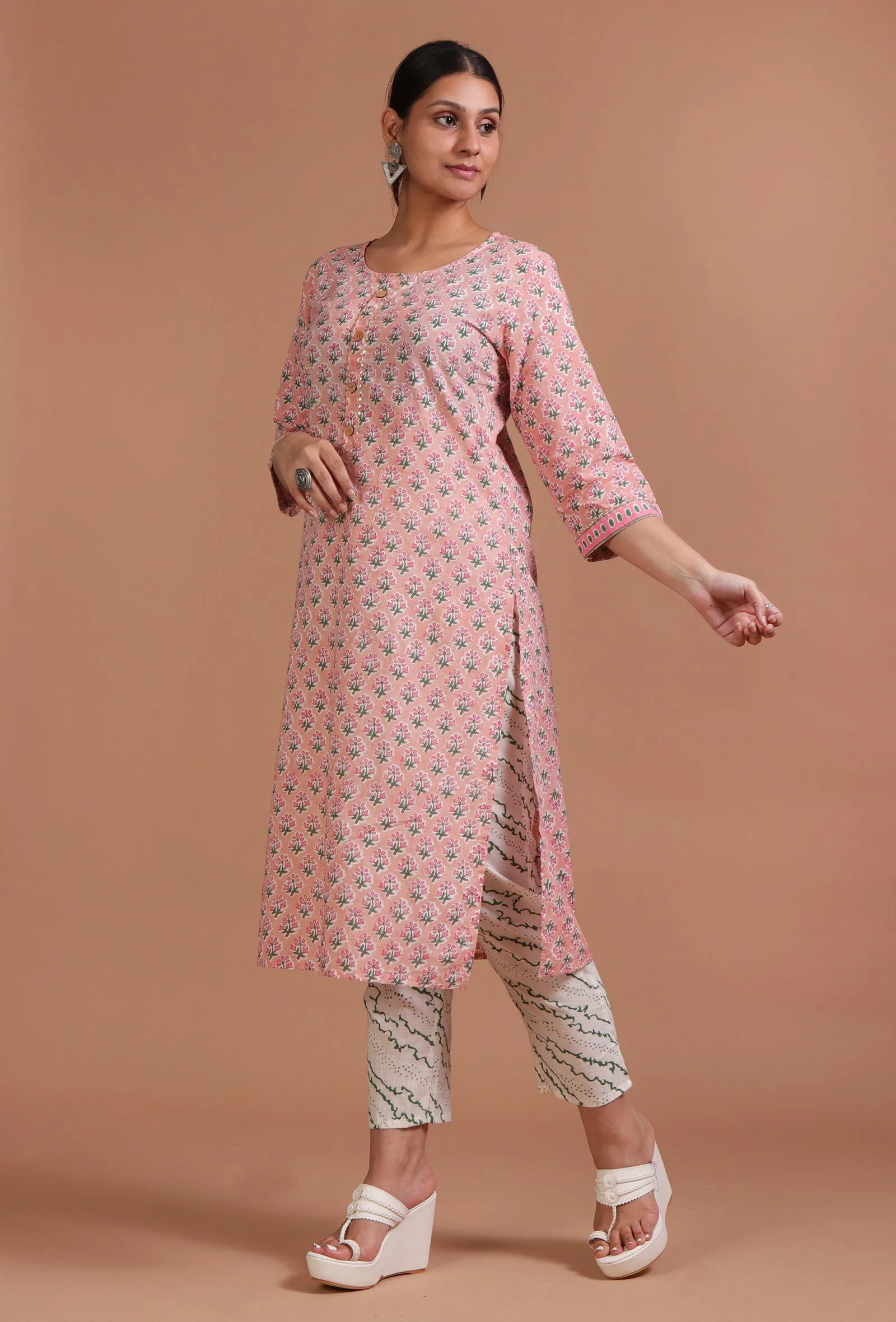 Set Of 3: Pink & White Cotton Printed Kurta With Pant & Dupatta