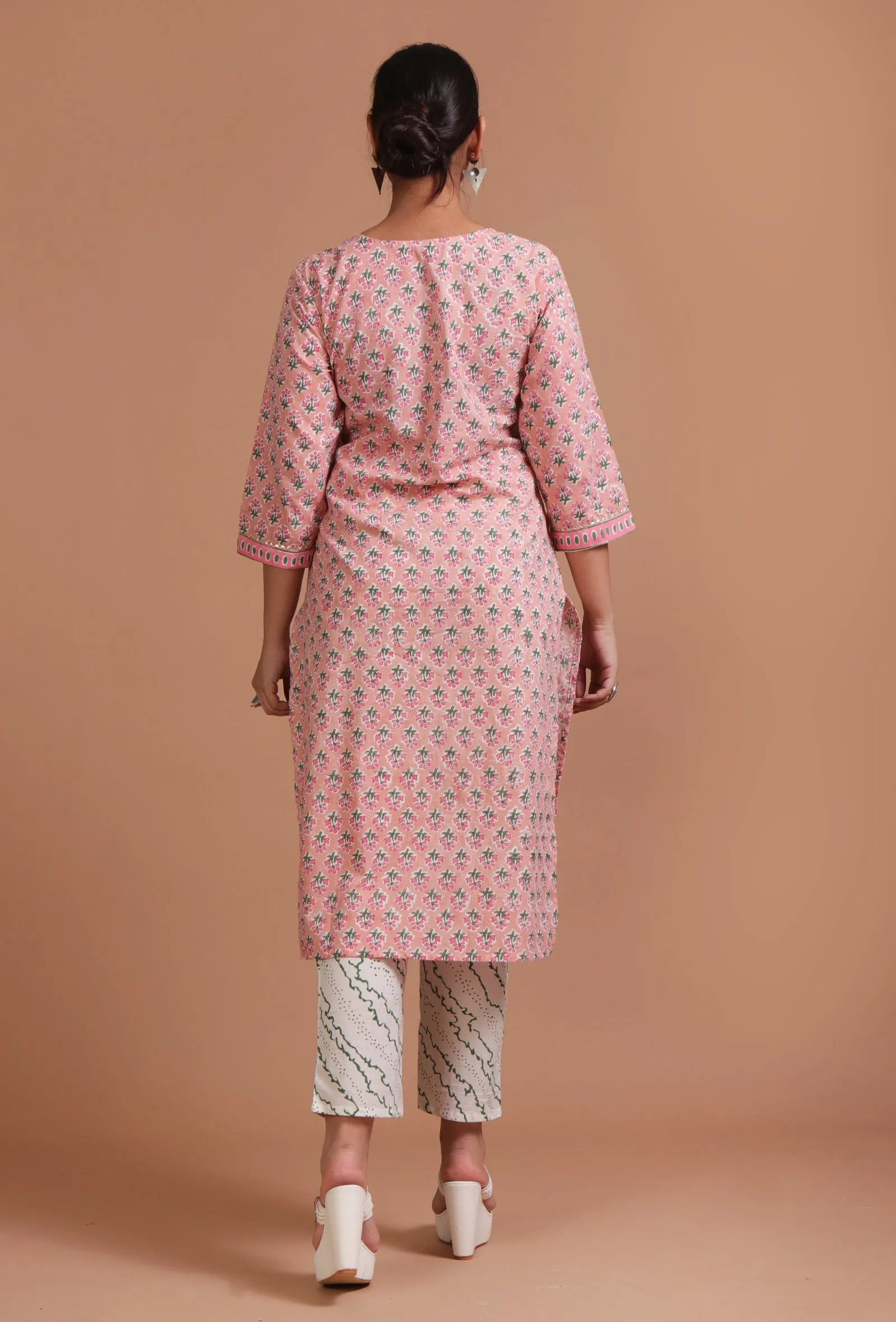 Set Of 3: Pink & White Cotton Printed Kurta With Pant & Dupatta