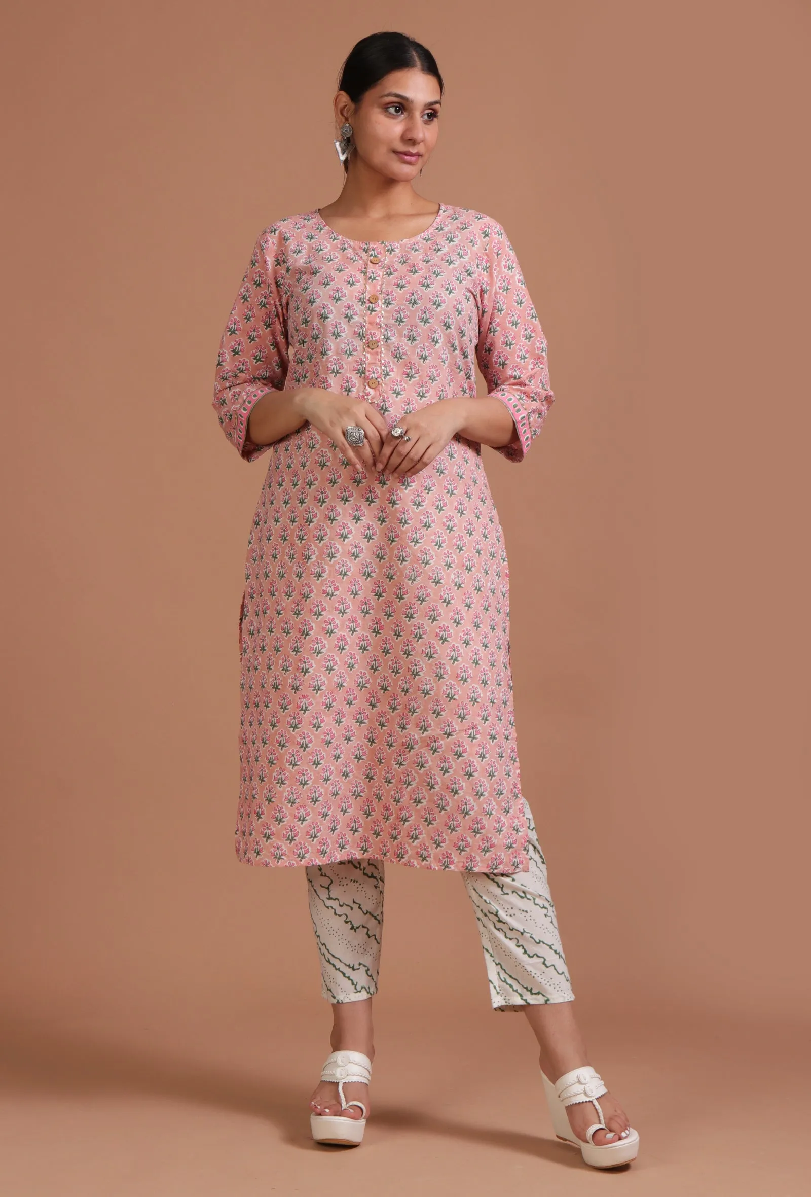 Set Of 3: Pink & White Cotton Printed Kurta With Pant & Dupatta