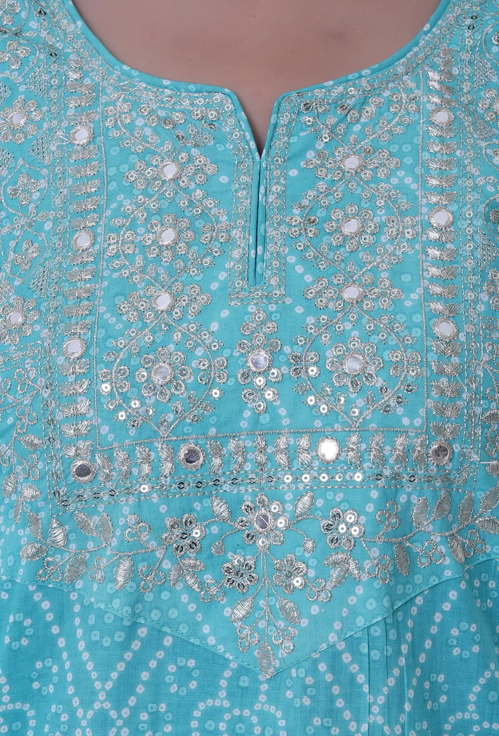 Set Of 3: Turquoise & White Cotton Block Printed Kurta, Pant & Dupatta