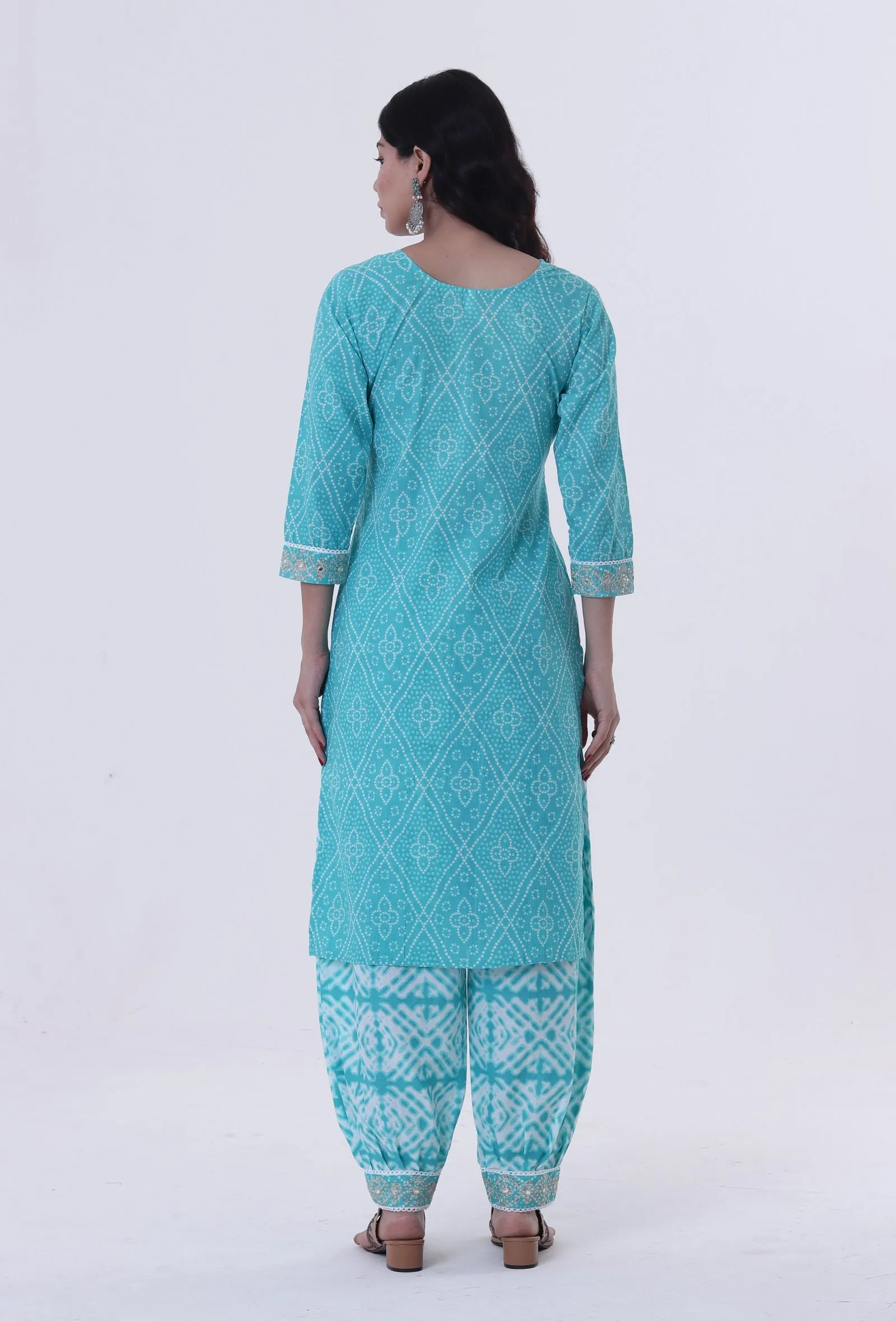 Set Of 3: Turquoise & White Cotton Block Printed Kurta, Pant & Dupatta