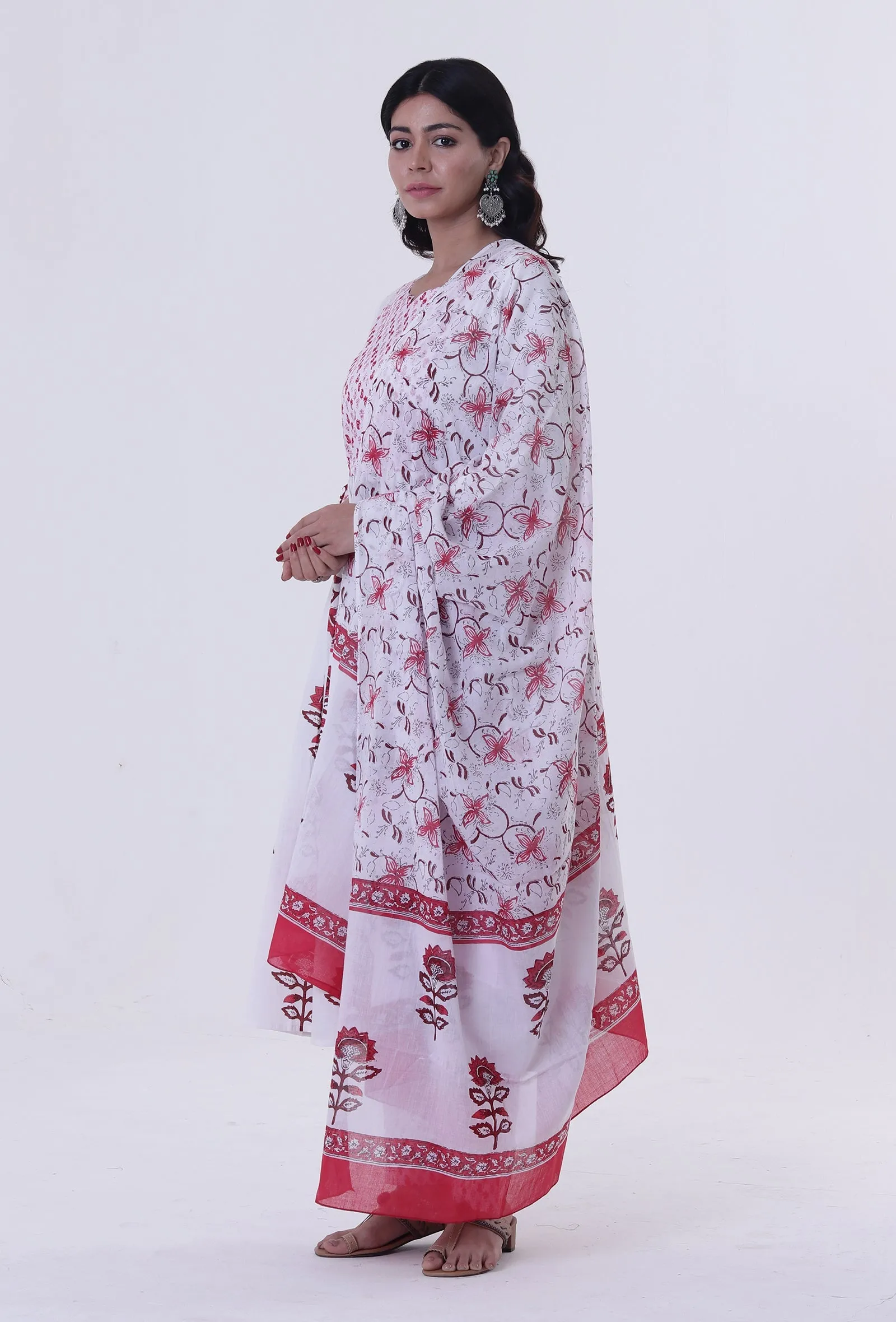 Set Of 3: White Cotton Block Printed With Red Motif Kurta, Pant & Dupatta