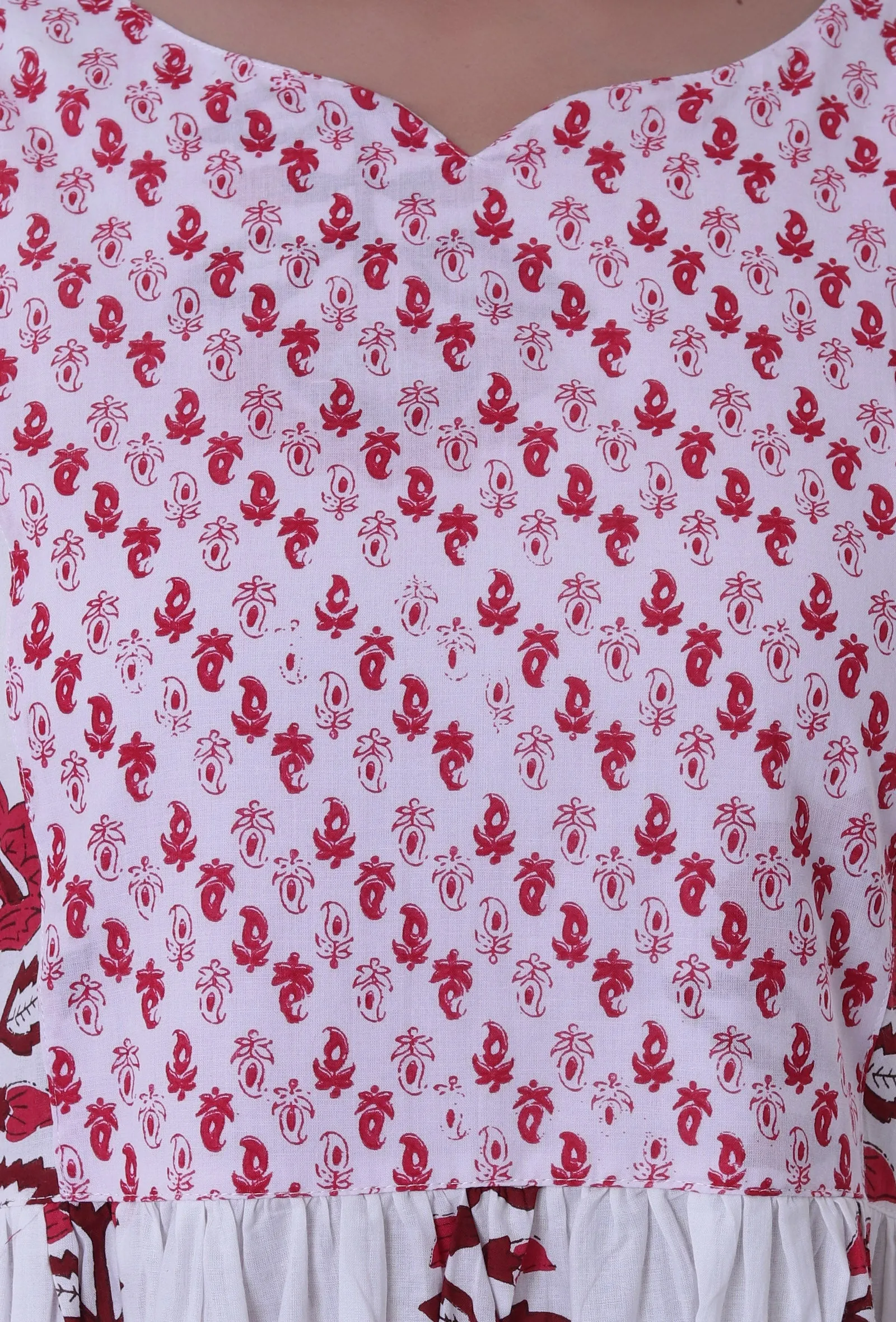 Set Of 3: White Cotton Block Printed With Red Motif Kurta, Pant & Dupatta