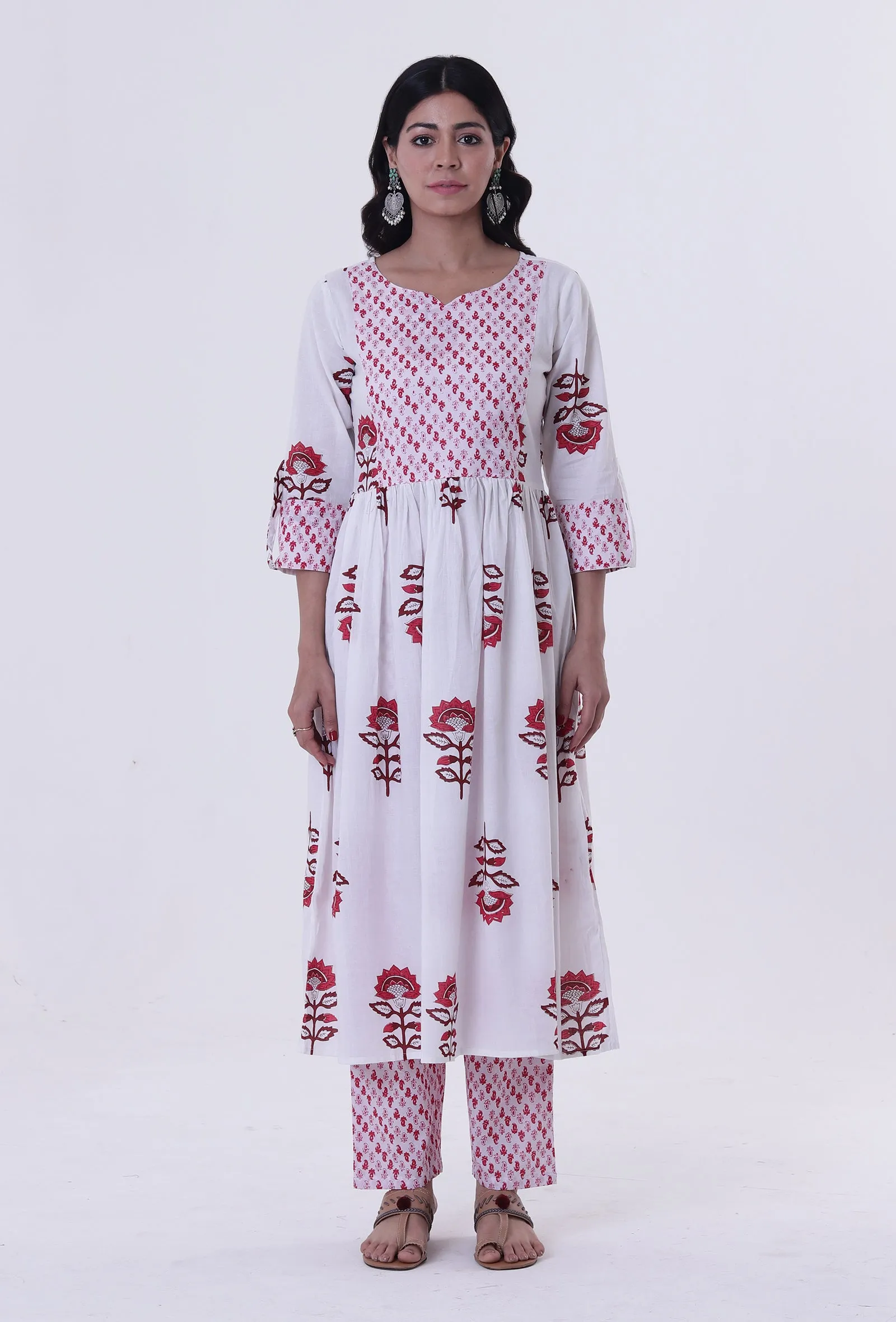 Set Of 3: White Cotton Block Printed With Red Motif Kurta, Pant & Dupatta