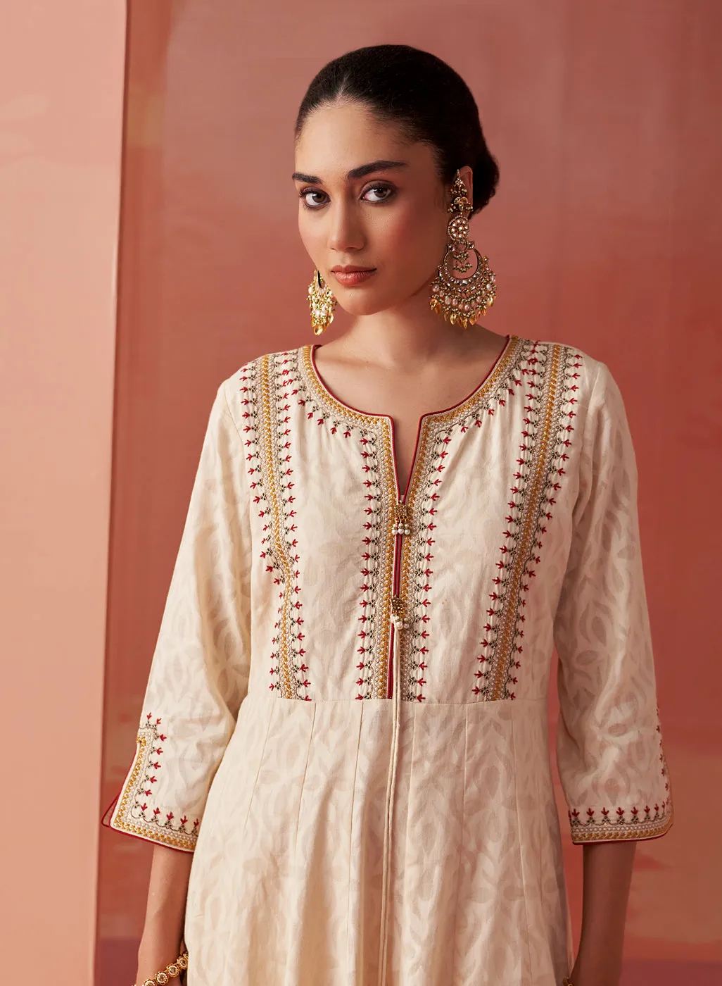 Shazia Cream Brown Embroidered Cotton Kurta Set for Women