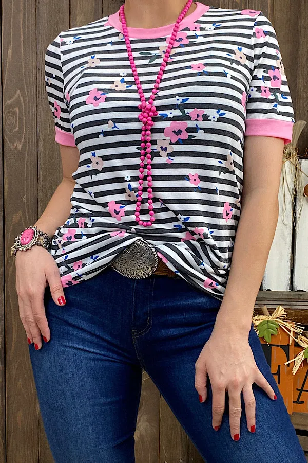 Striped/floral printed short sleeve top BQ11479 (FS)