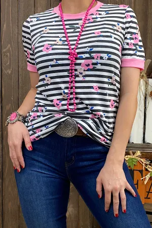 Striped/floral printed short sleeve top BQ11479 (FS)