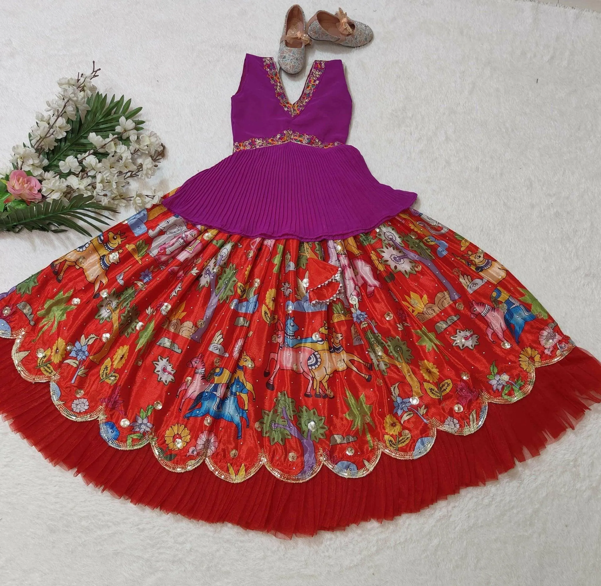 Trending Sequins Embroidered Printed-Work Lehenga and Blouse Set For Kids