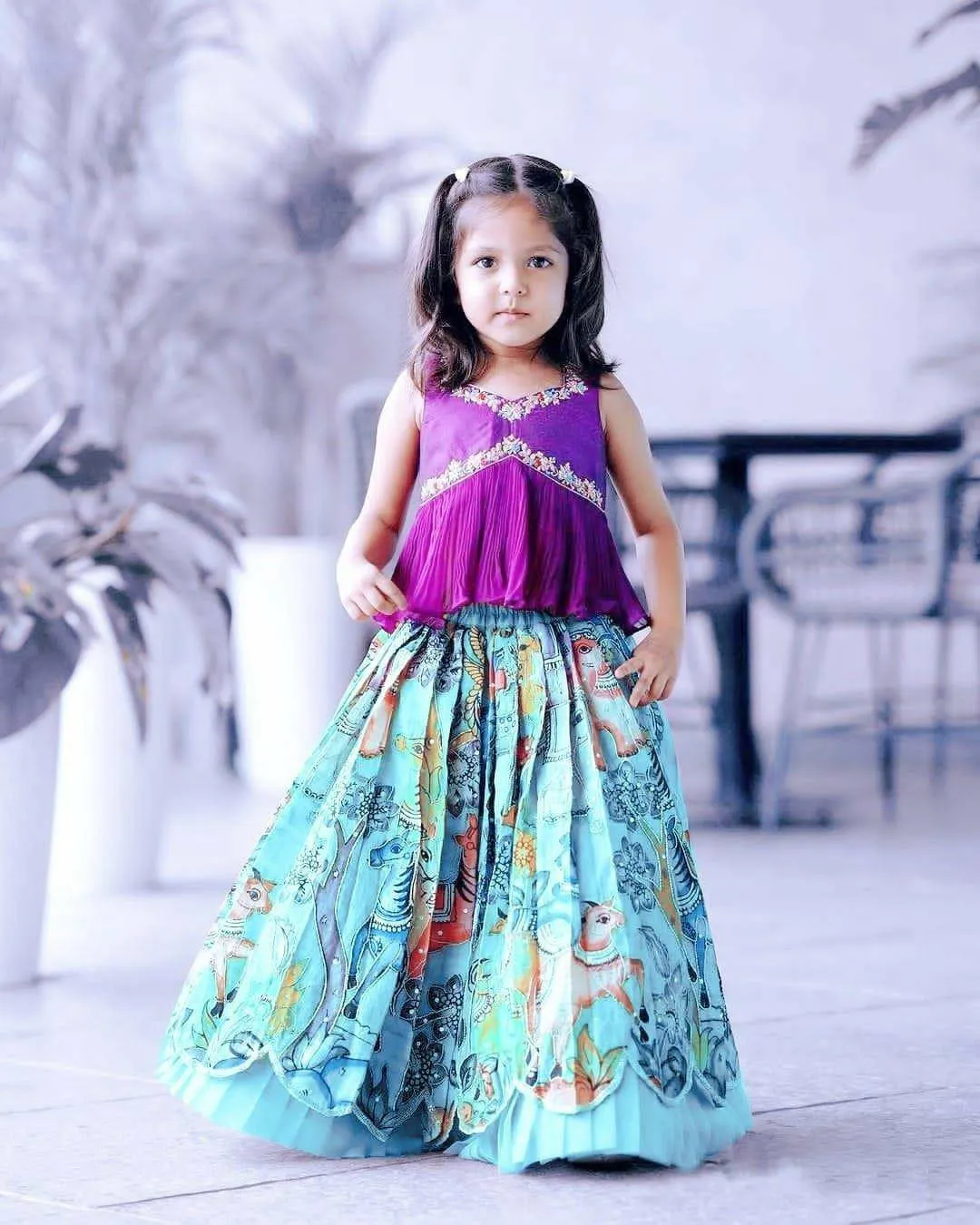 Trending Sequins Embroidered Printed-Work Lehenga and Blouse Set For Kids
