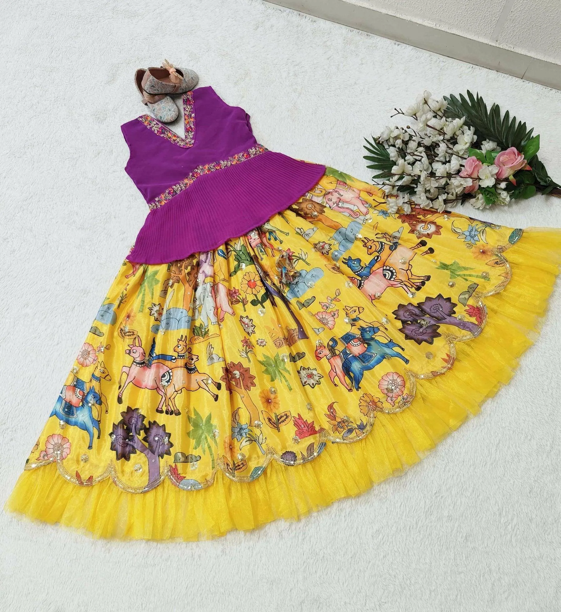 Trending Sequins Embroidered Printed-Work Lehenga and Blouse Set For Kids