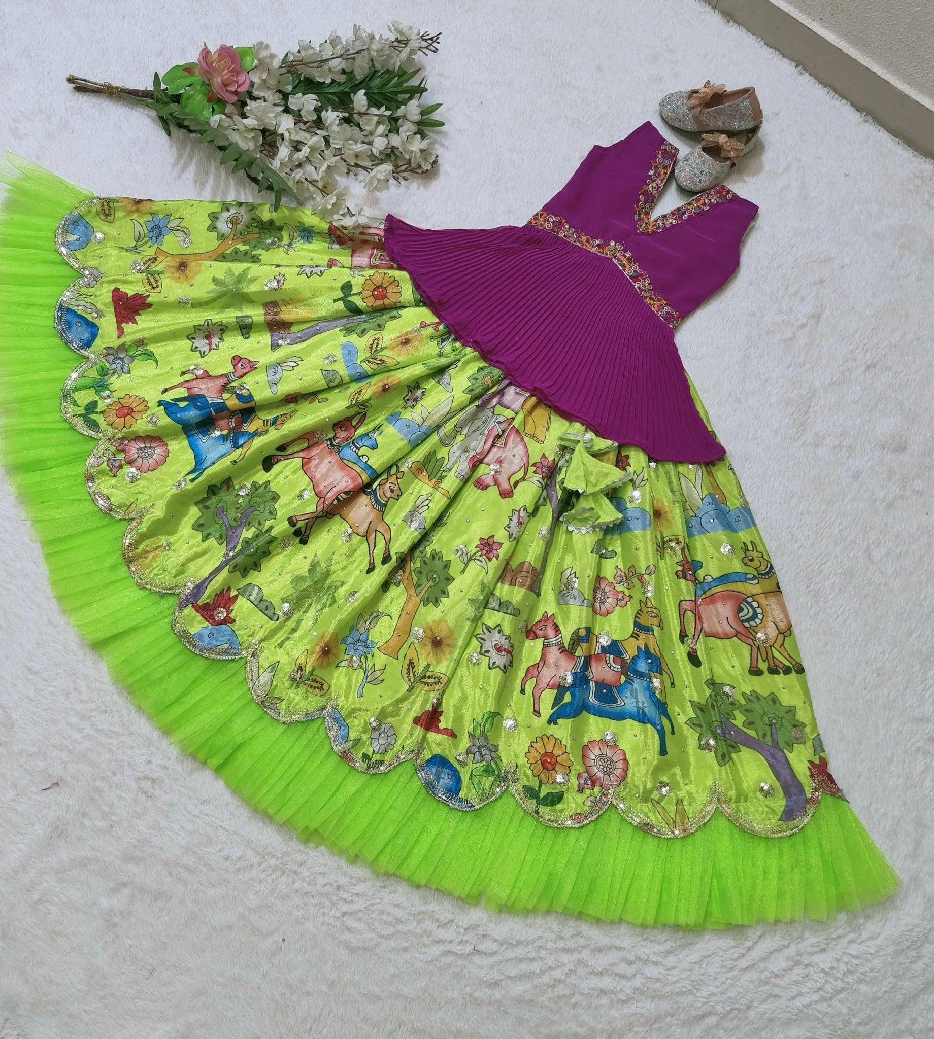 Trending Sequins Embroidered Printed-Work Lehenga and Blouse Set For Kids
