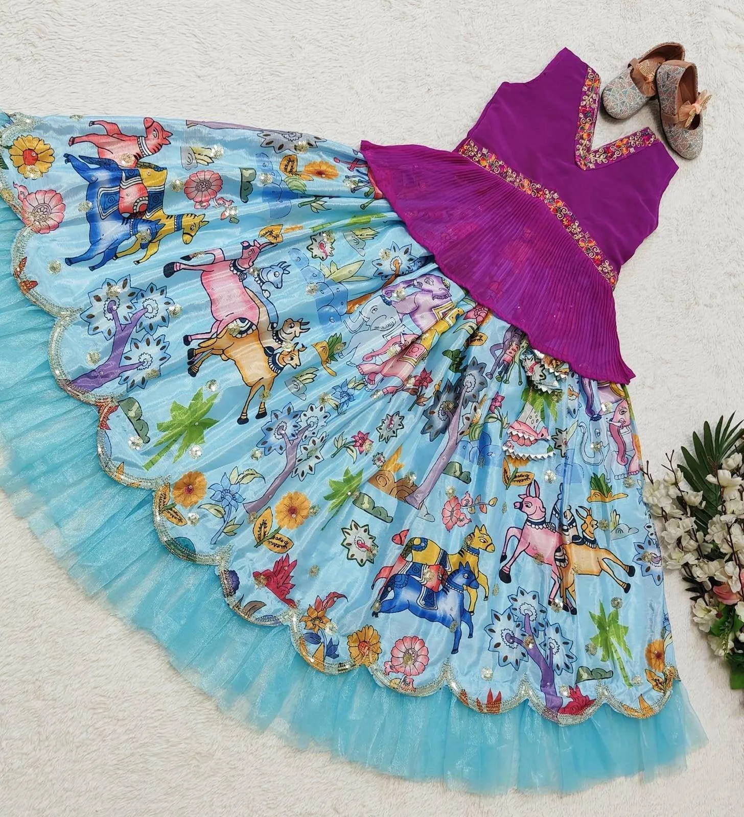 Trending Sequins Embroidered Printed-Work Lehenga and Blouse Set For Kids