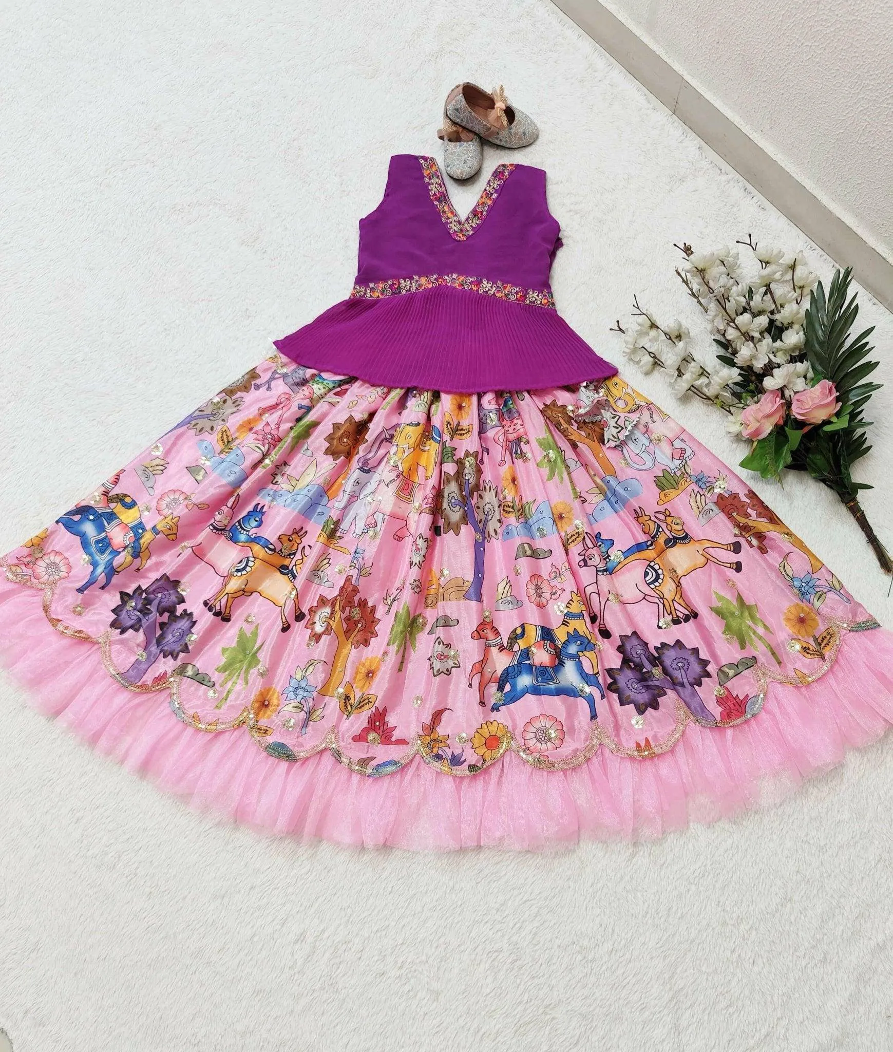 Trending Sequins Embroidered Printed-Work Lehenga and Blouse Set For Kids