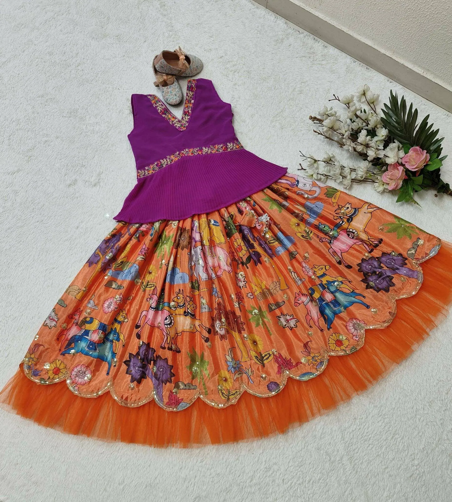 Trending Sequins Embroidered Printed-Work Lehenga and Blouse Set For Kids