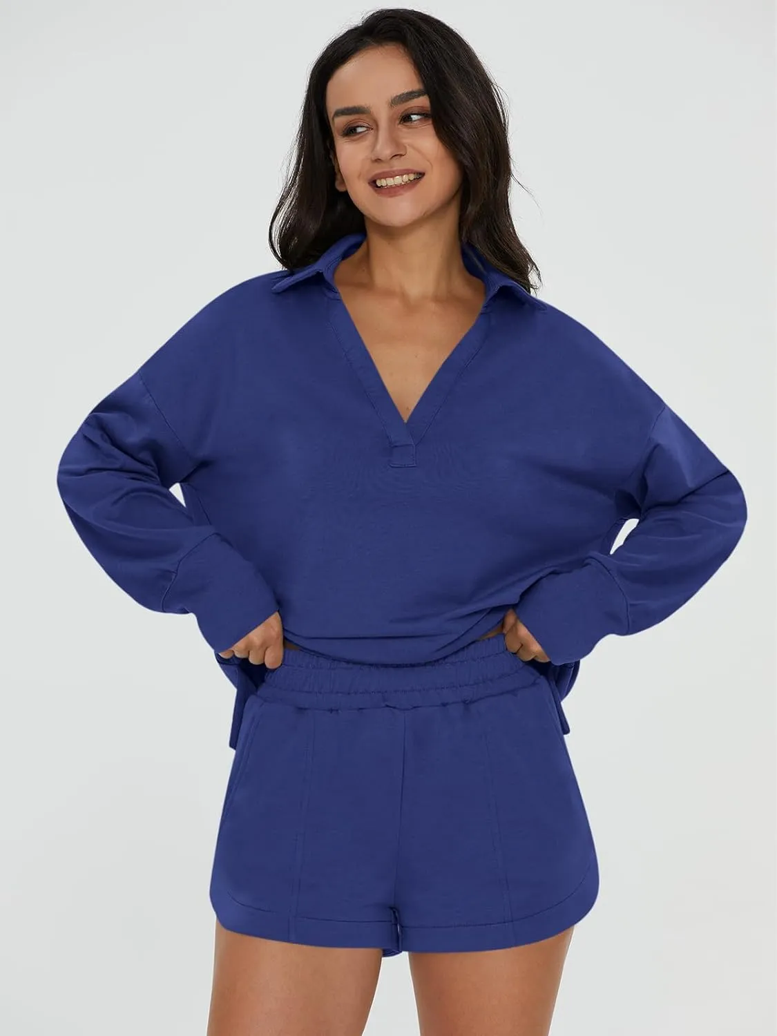 V-Neck Pocketed Sweatshirt & Shorts Lounge Set