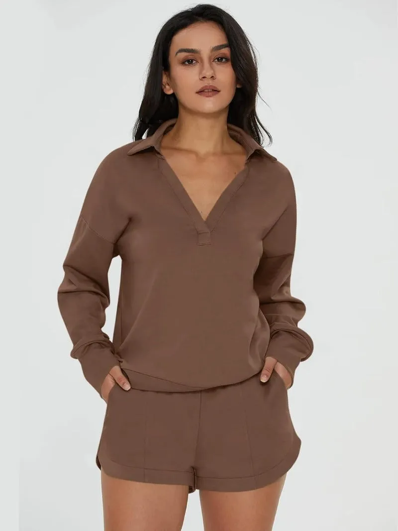 V-Neck Pocketed Sweatshirt & Shorts Lounge Set