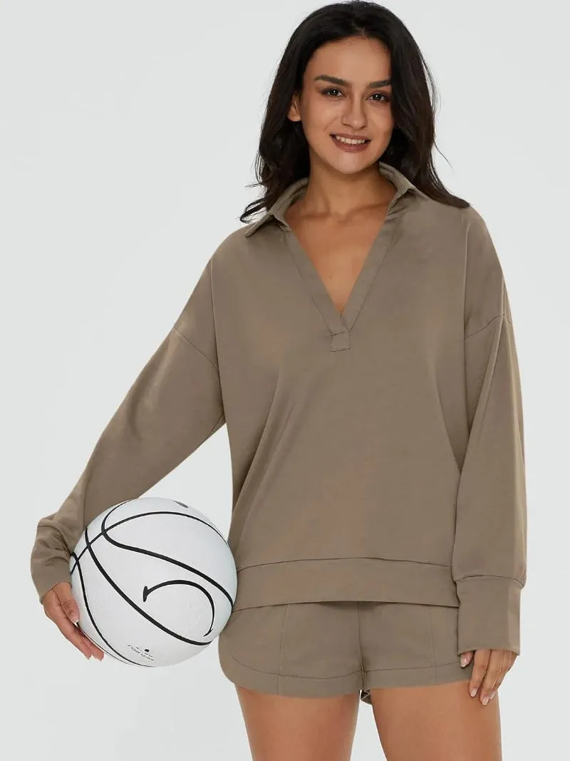 V-Neck Pocketed Sweatshirt & Shorts Lounge Set
