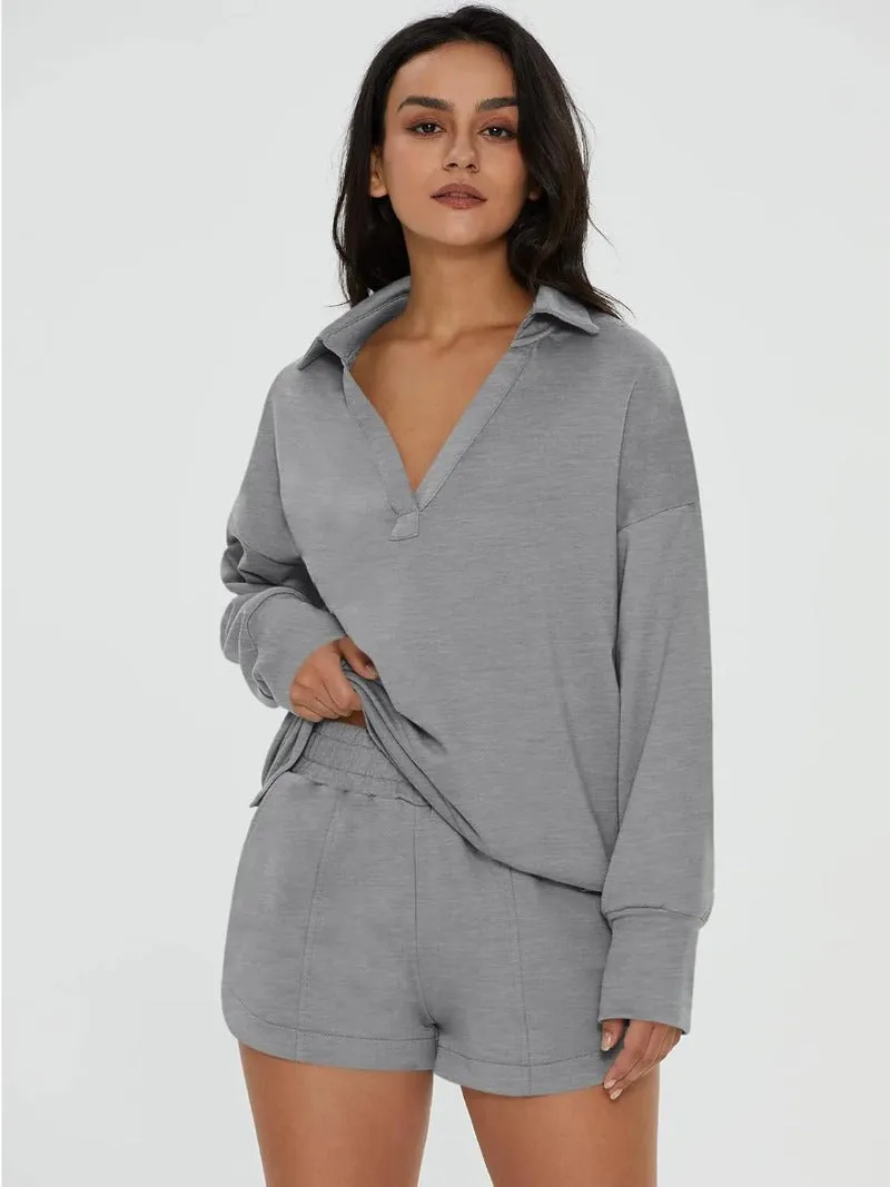 V-Neck Pocketed Sweatshirt & Shorts Lounge Set