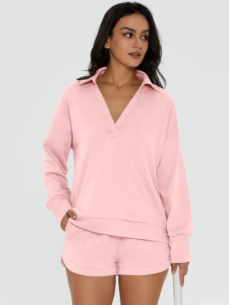 V-Neck Pocketed Sweatshirt & Shorts Lounge Set