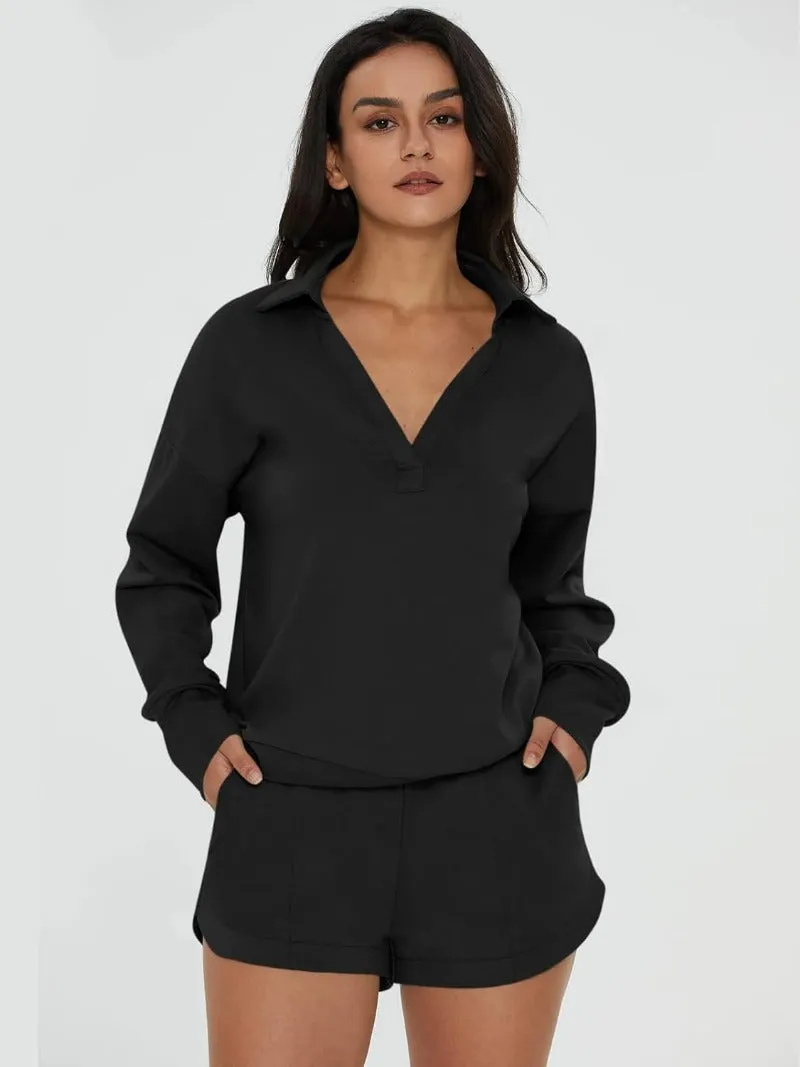 V-Neck Pocketed Sweatshirt & Shorts Lounge Set