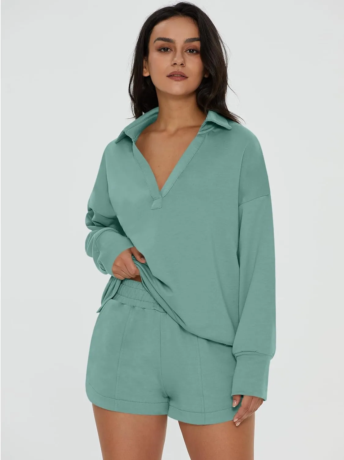 V-Neck Pocketed Sweatshirt & Shorts Lounge Set