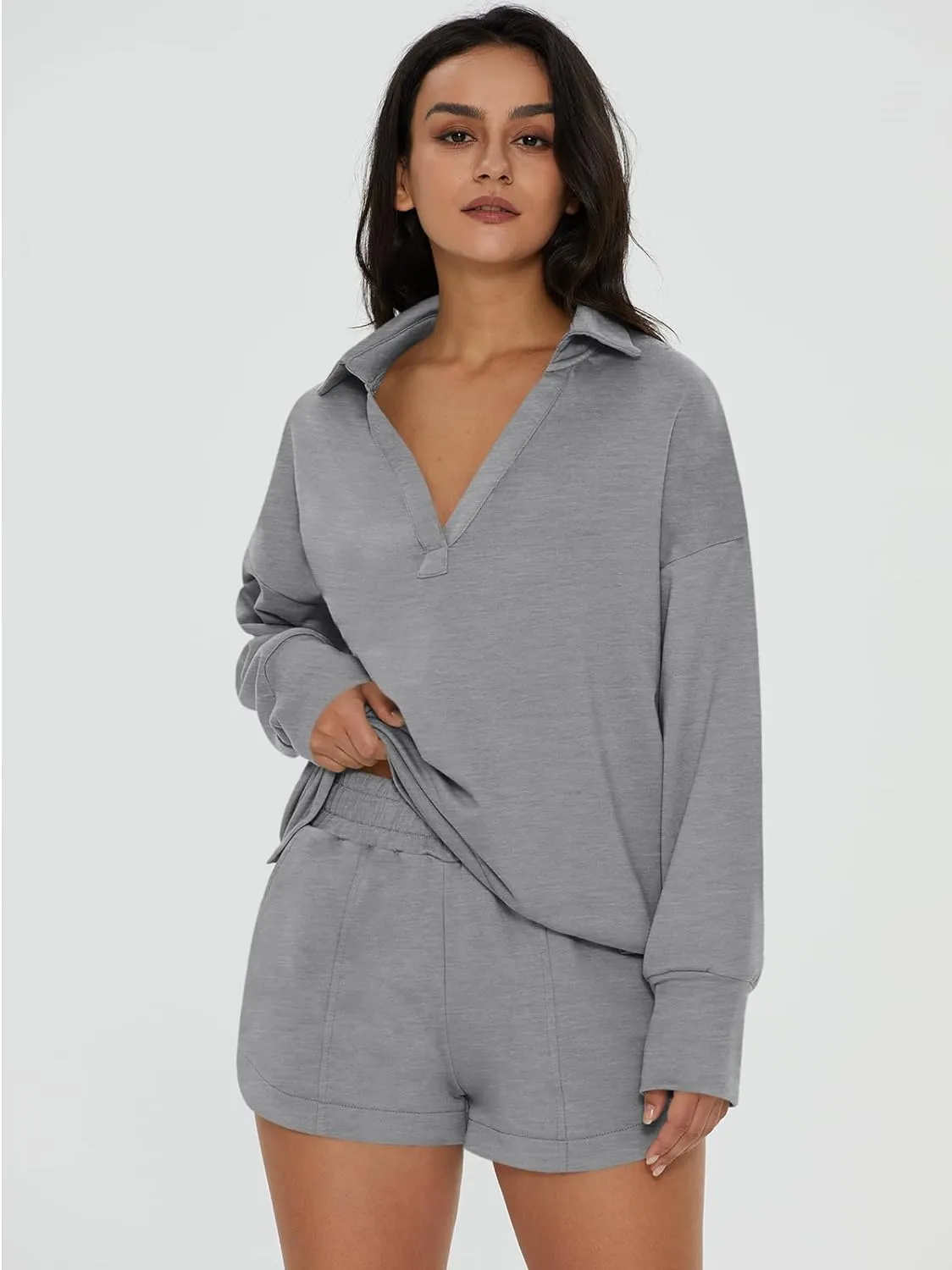 V-Neck Pocketed Sweatshirt & Shorts Lounge Set