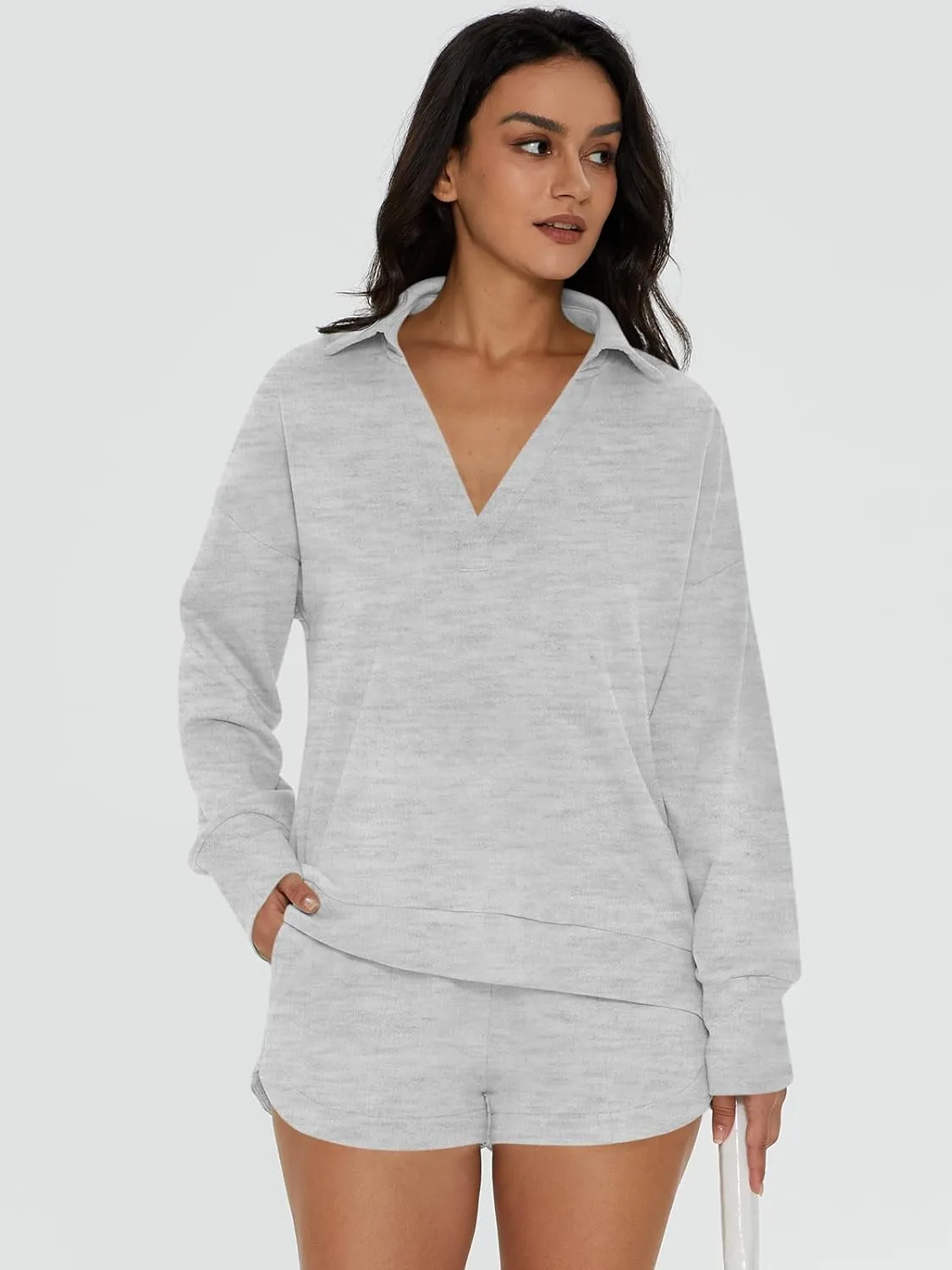 V-Neck Pocketed Sweatshirt & Shorts Lounge Set