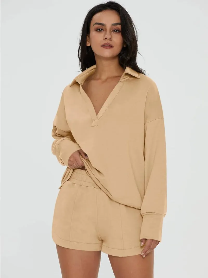 V-Neck Pocketed Sweatshirt & Shorts Lounge Set