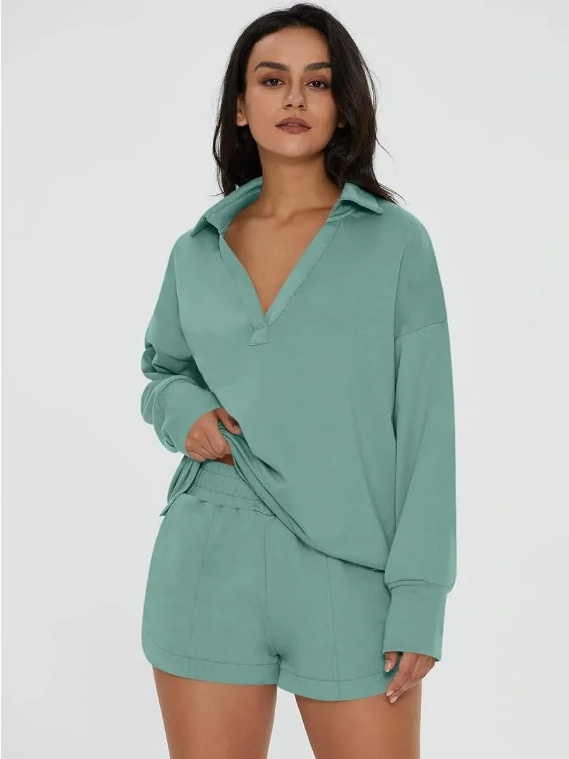 V-Neck Pocketed Sweatshirt & Shorts Lounge Set