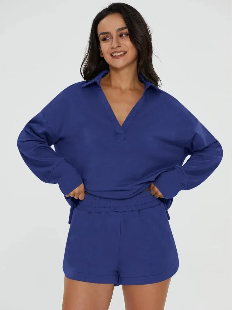V-Neck Pocketed Sweatshirt & Shorts Lounge Set