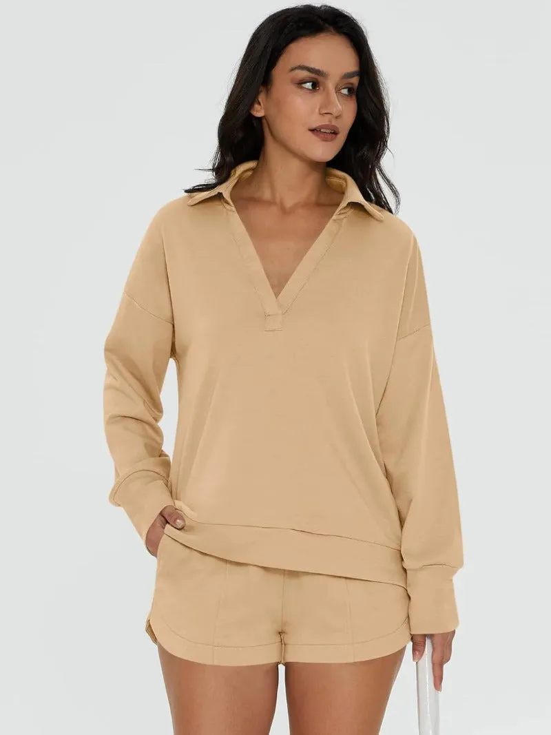 V-Neck Pocketed Sweatshirt & Shorts Lounge Set