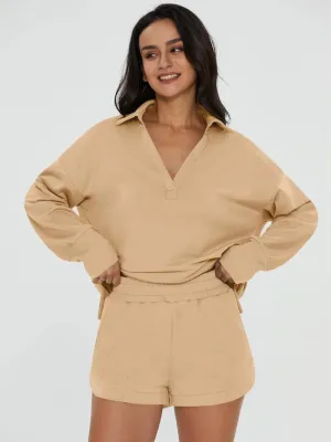 V-Neck Pocketed Sweatshirt & Shorts Lounge Set