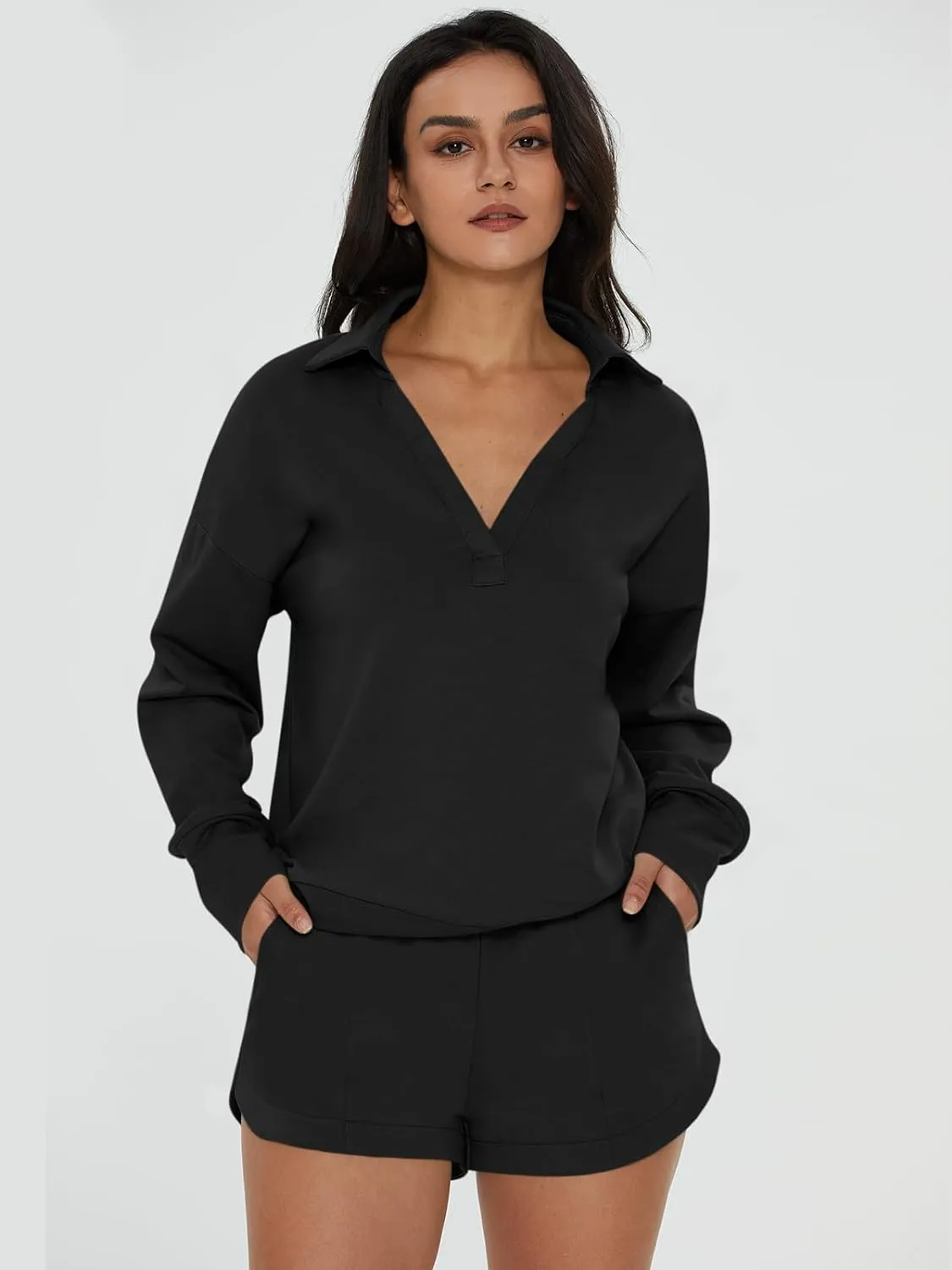 V-Neck Pocketed Sweatshirt & Shorts Lounge Set