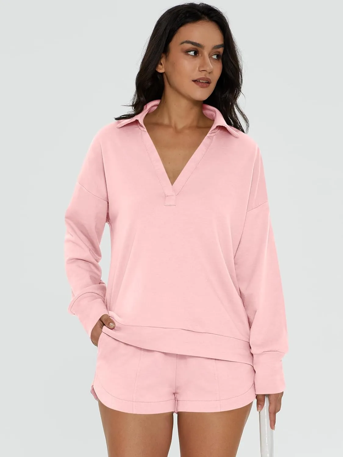 V-Neck Pocketed Sweatshirt & Shorts Lounge Set